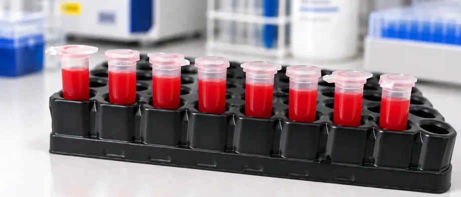Tubos de amostras de sangue felino organizados em suporte de laboratório